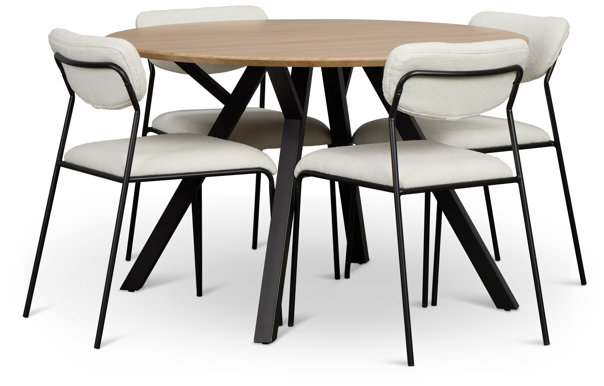 Lynden Light Tone Round Table &amp; 4 White Metal Upholstered Side Chairs