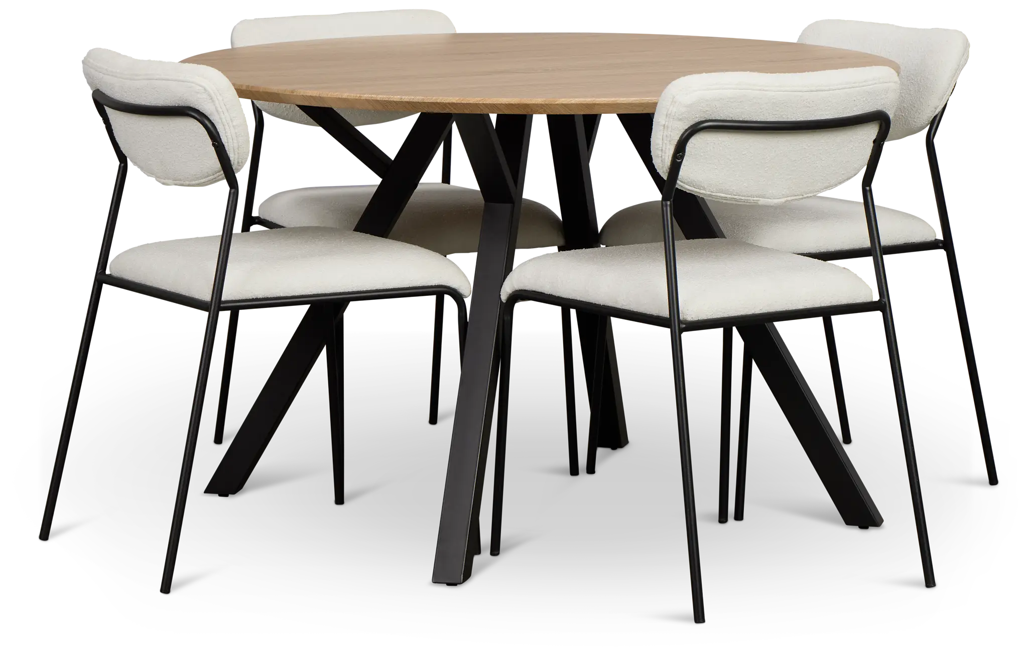 Lynden Light Tone Round Table & 4 White Metal Upholstered Side Chairs Lynden Light Tone Round Table & 4 White Metal Upholstered Side Chairs
