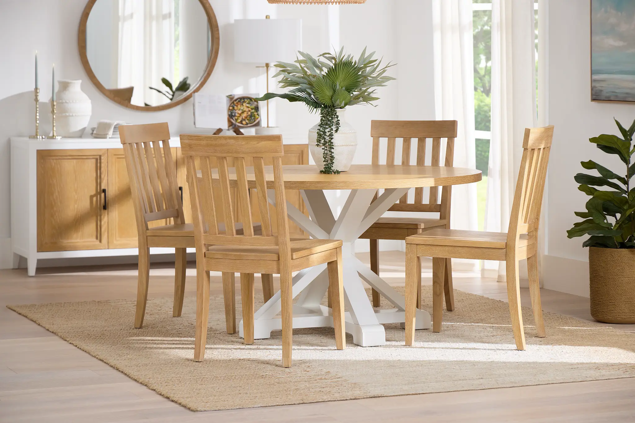 Nantucket Two-tone Pine Round Table & 4 Light Tone Chairs Nantucket Two-tone Pine Round Table & 4 Light Tone Chairs