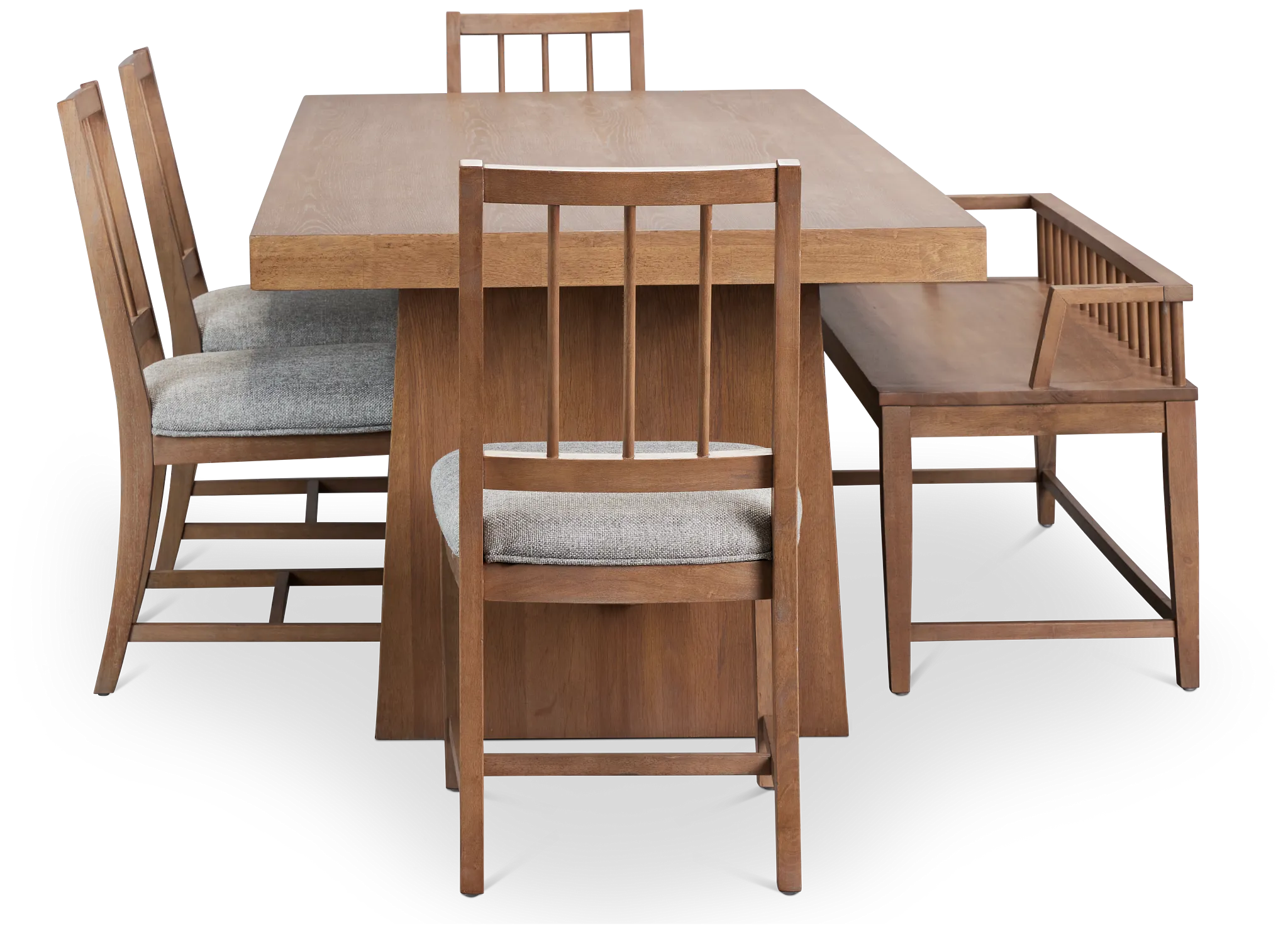 Provo Mid Tone Trestle Table, 4 Gray Chairs & Bench