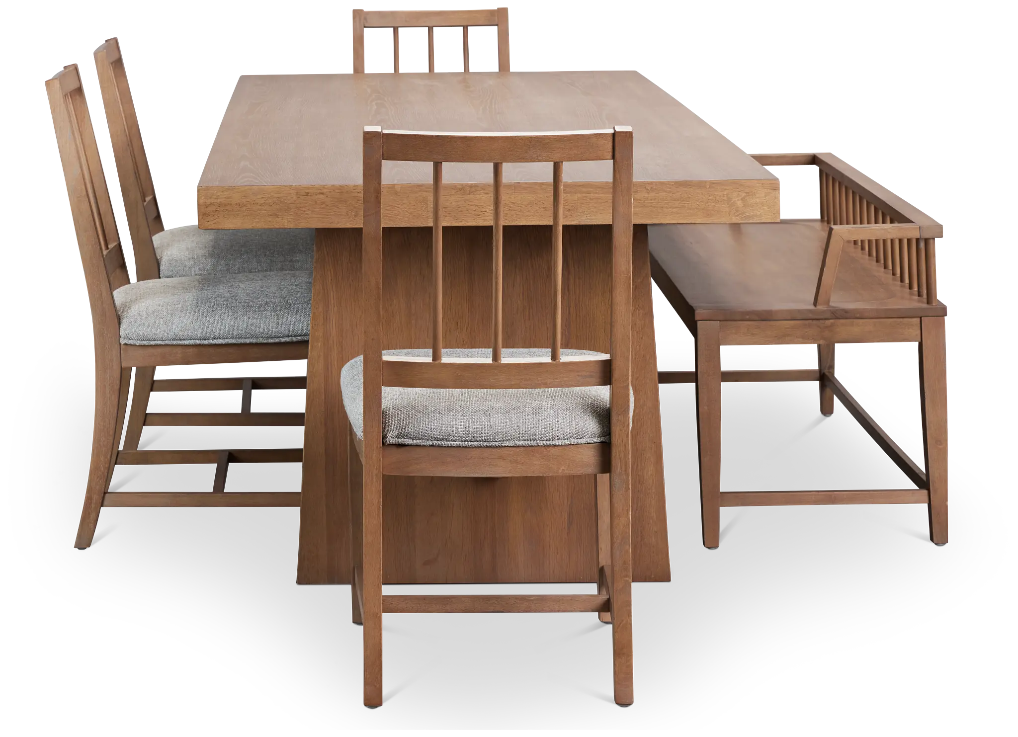 Provo Mid Tone Trestle Table, 4 Gray Chairs & Bench Provo Mid Tone Trestle Table, 4 Gray Chairs & Bench