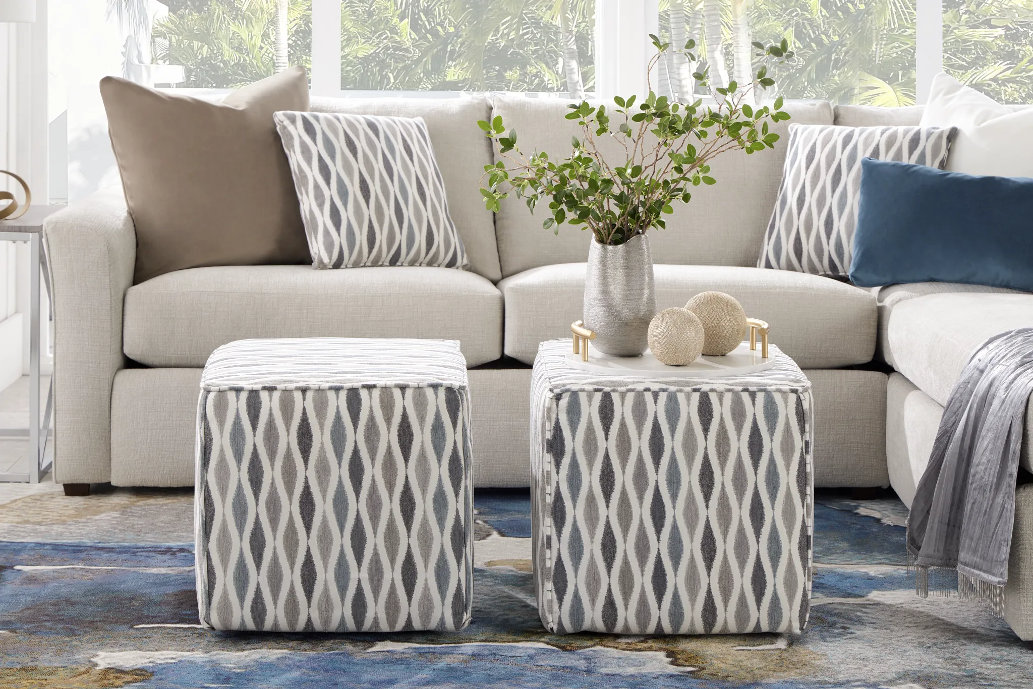 Ohgee Blue Fabric Accent Pouf