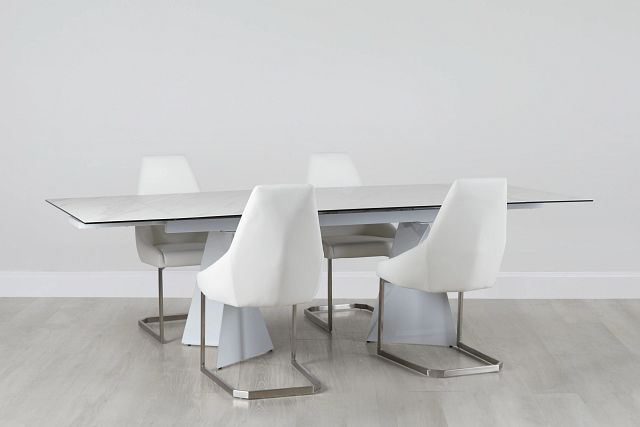 Monaco White Ceramic Table & 4 Upholstered Chairs (3)