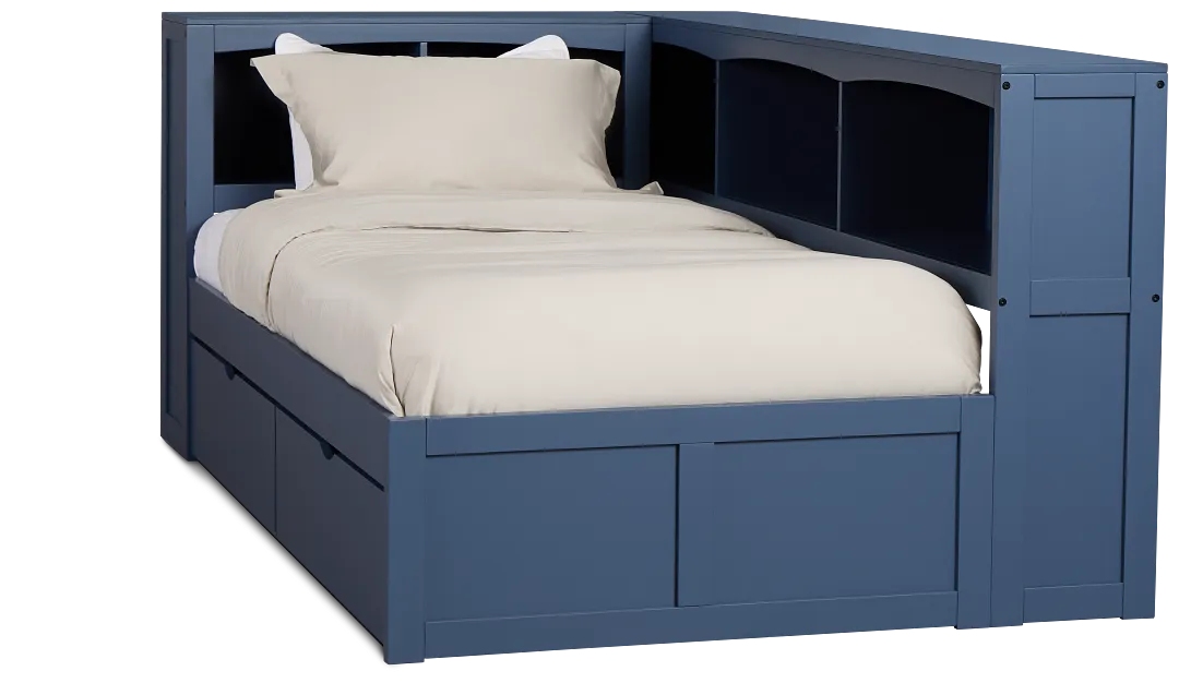 Charleston Dark Blue Corner Bookcase Bed With 2 Storage Drawers