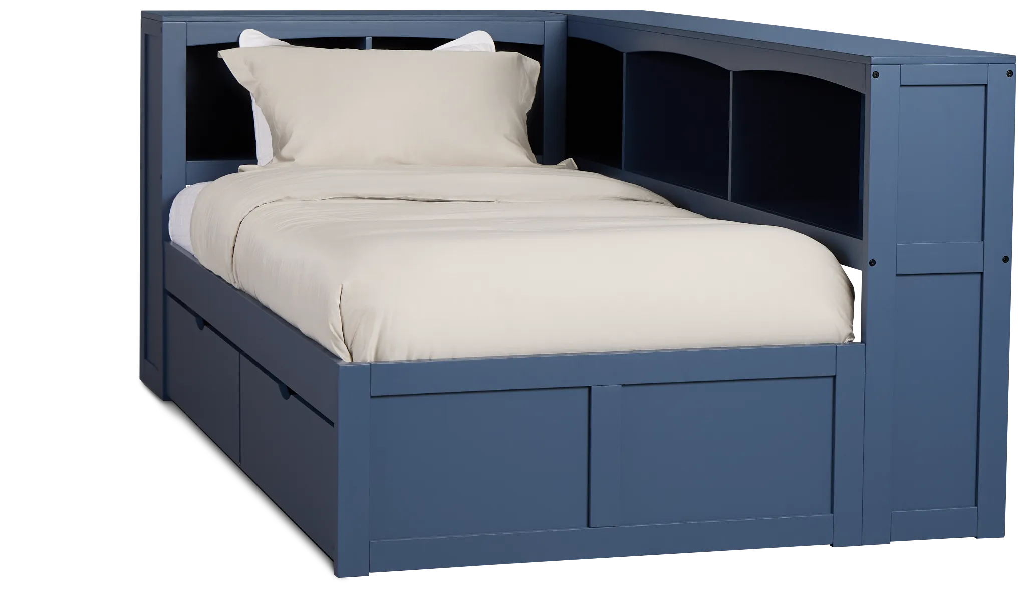Charleston Dark Blue Corner Bookcase Bed With 2 Storage Drawers