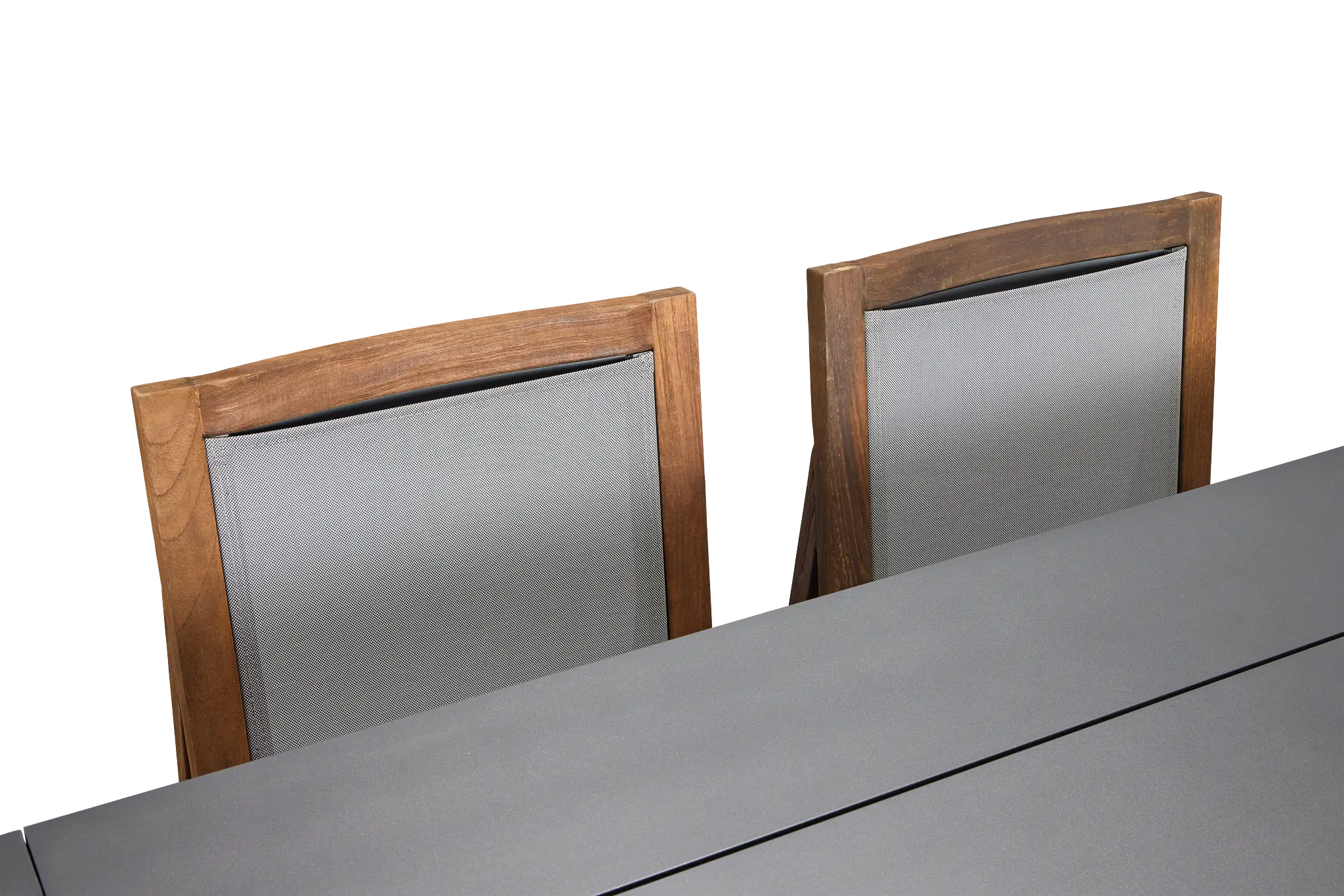 Linear Dark Gray 70" Aluminum Table & 4 Teak Sling Side Chairs Linear Dark Gray 70" Aluminum Table & 4 Teak Sling Side Chairs