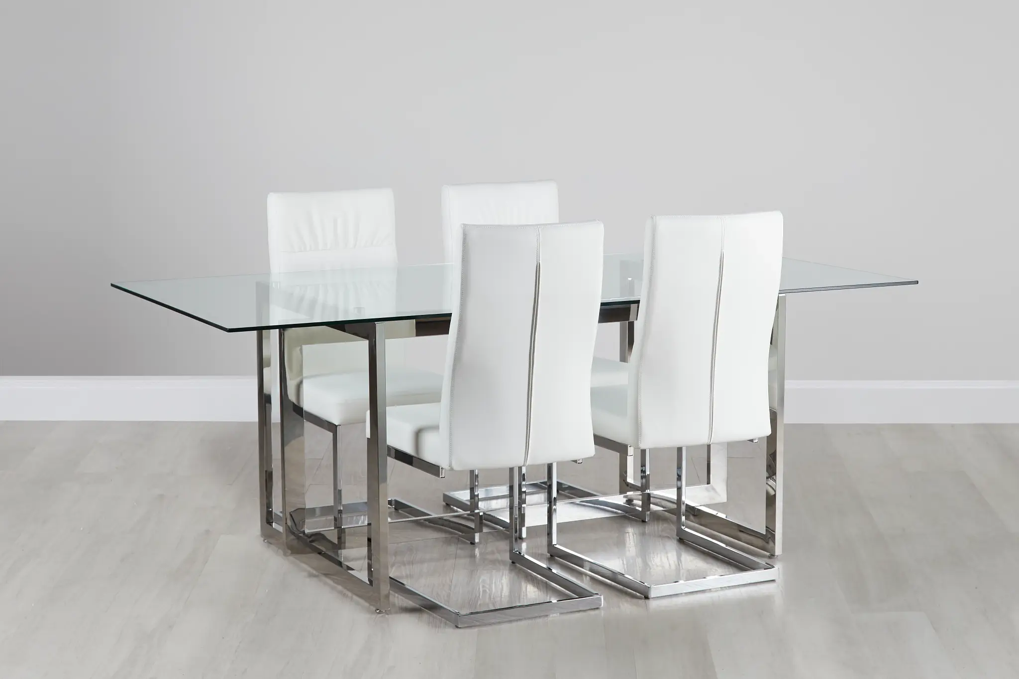Bronx Glass White Table & 4 Upholstered Chairs Bronx Glass White Table & 4 Upholstered Chairs
