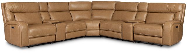 Jasper Light Brown Leather Large Dual Power Reclining Two-arm Sectional