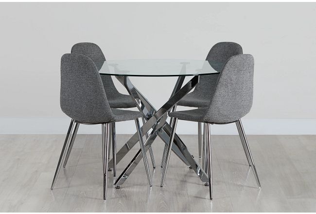Havana Chrome Dk Gray Round Table & 4 Upholstered Chairs