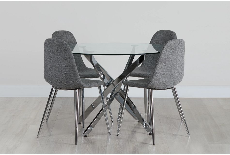 Havana CHROME DK GRAY Round Table & 4 Upholstered Chairs,
