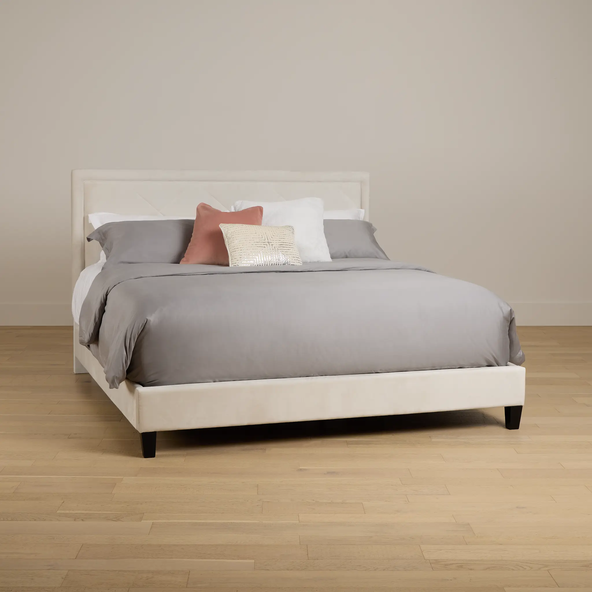Collin Beige Velvet Platform Bed Collin Beige Velvet Platform Bed
