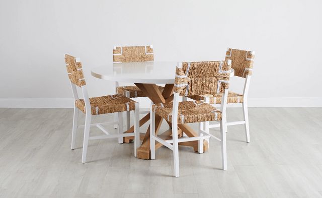 Nantucket Two-tone White Round Table & 4 Woven Chairs