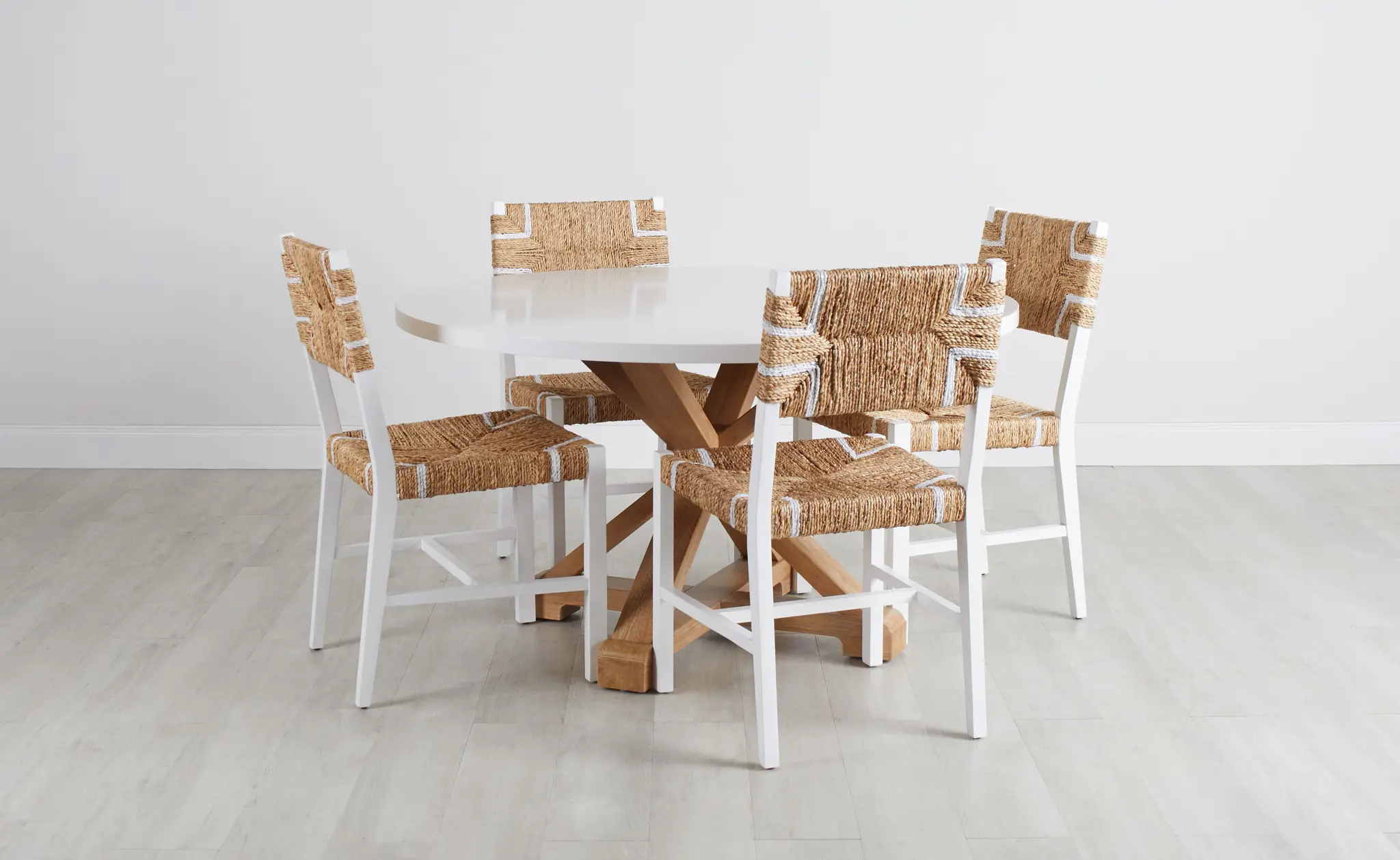 Nantucket Two-tone White Round Table & 4 Woven Chairs Nantucket Two-tone White Round Table & 4 Woven Chairs