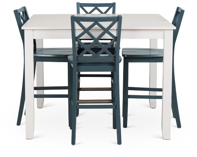 Edgartown White Square High Table & 4 Navy Wood Barstools