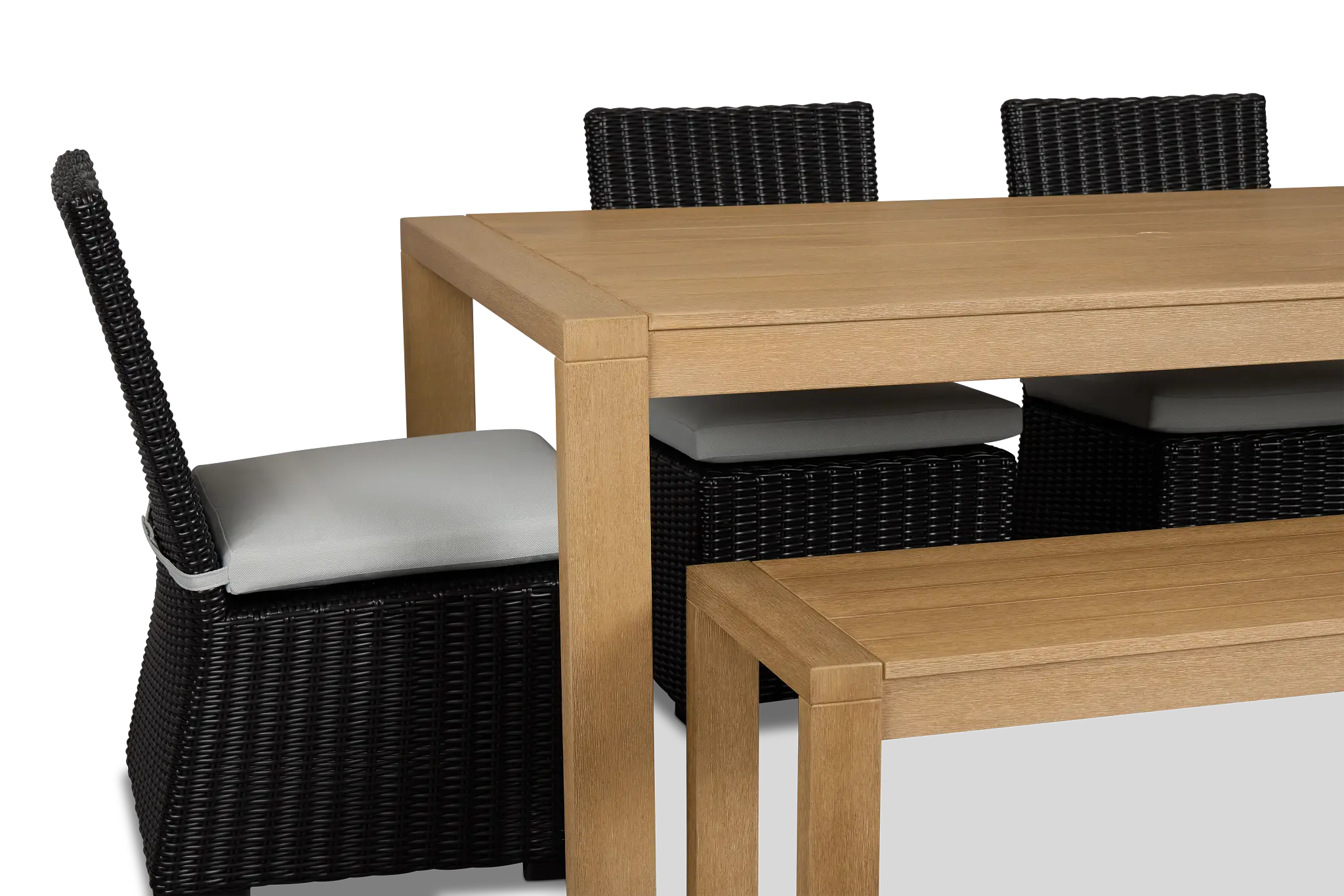 Montecito Mid Tone Table, 4 Chairs & Bench With Light Blue Cushions Montecito Mid Tone Table, 4 Chairs & Bench With Light Blue Cushions