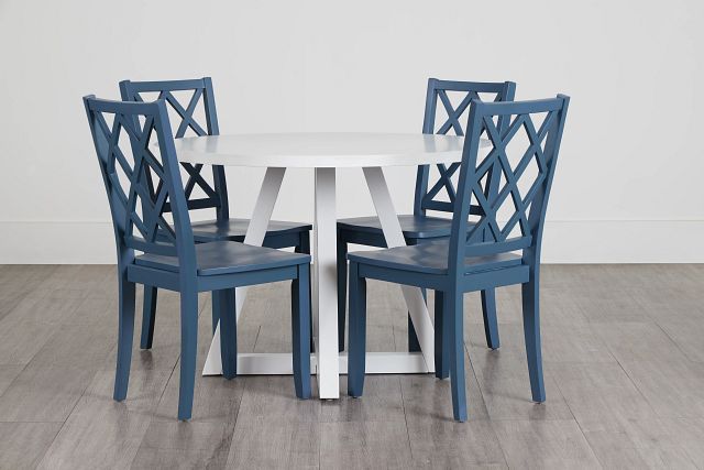 Edgartown White Round Table & 4 Navy Wood Chairs
