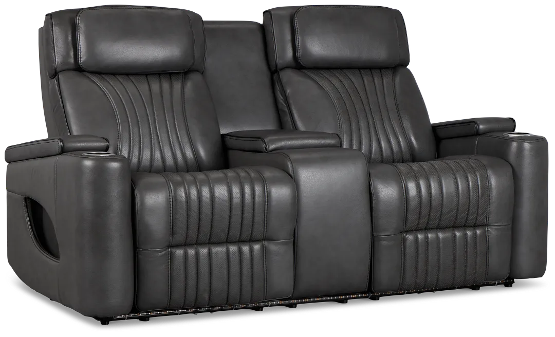Nova Dark Gray Lthr/vinyl Power Reclining Console Loveseat W/ Massage