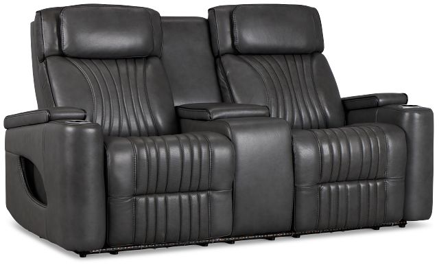 Nova Dark Gray Lthr/vinyl Power Reclining Console Loveseat W/ Massage