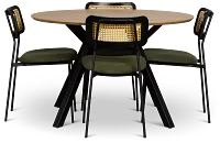 Lynden Light Tone Round Table & 4 Green Woven Upholstered Side Chairs