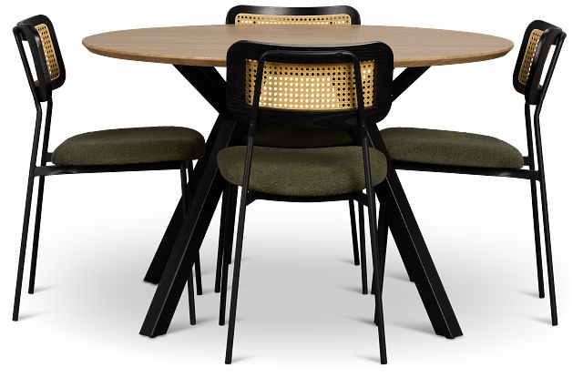 Lynden Light Tone Round Table & 4 Green Woven Upholstered Side Chairs