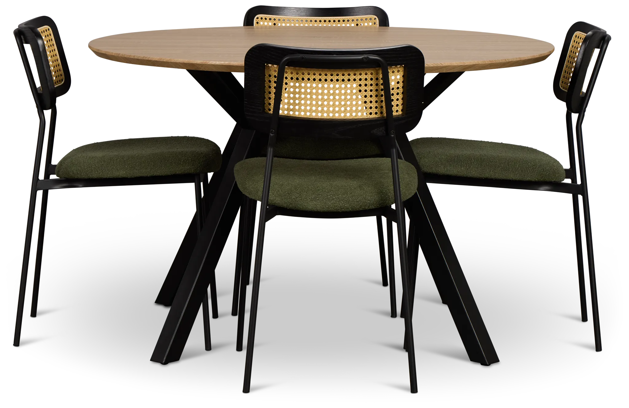 Lynden Light Tone Round Table & 4 Green Woven Upholstered Side Chairs