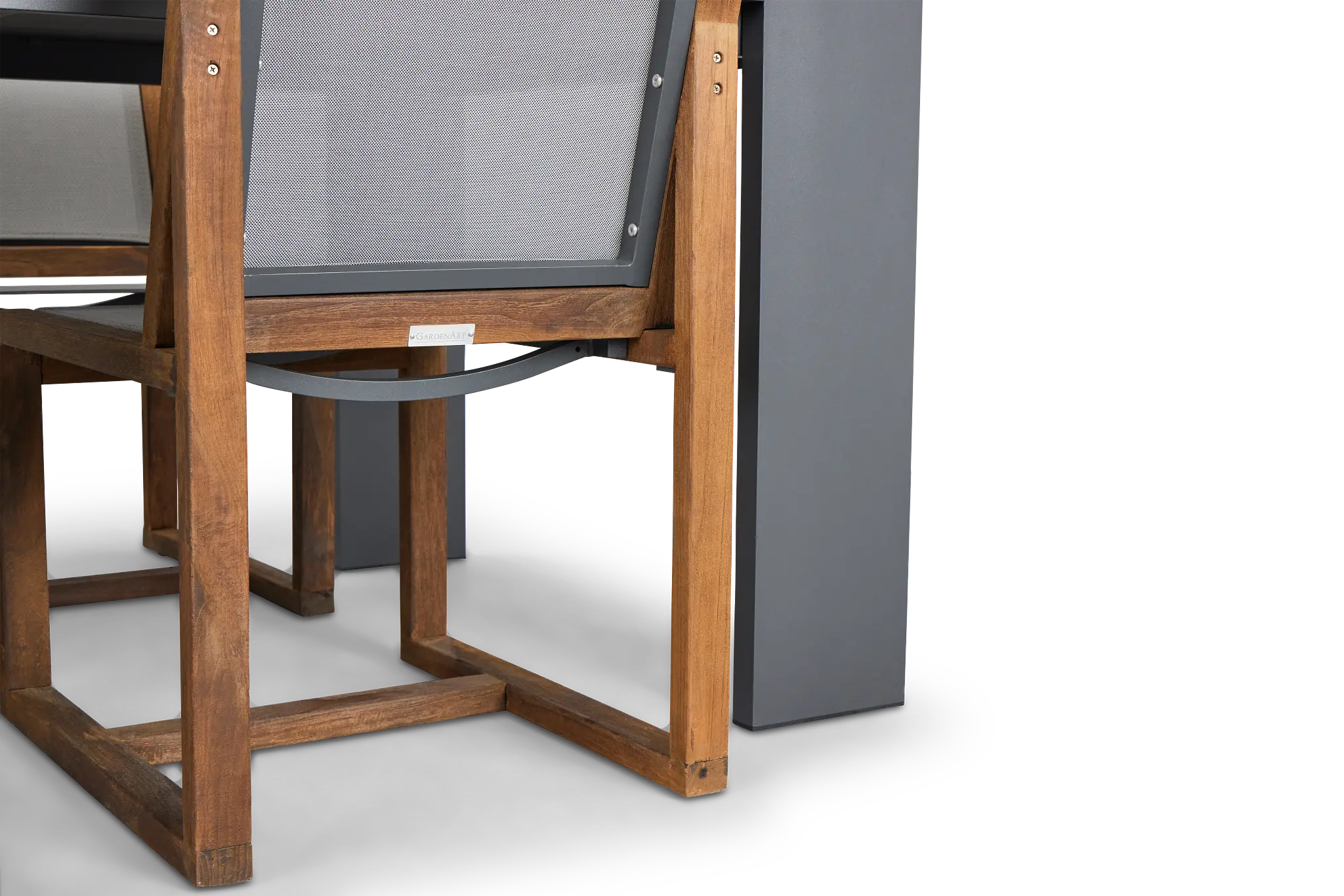 Linear Dark Gray 70" Aluminum Table & 4 Teak Sling Side Chairs Linear Dark Gray 70" Aluminum Table & 4 Teak Sling Side Chairs