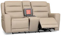 Wilder Taupe Leather Power Reclining Console Loveseat With Refrigerator