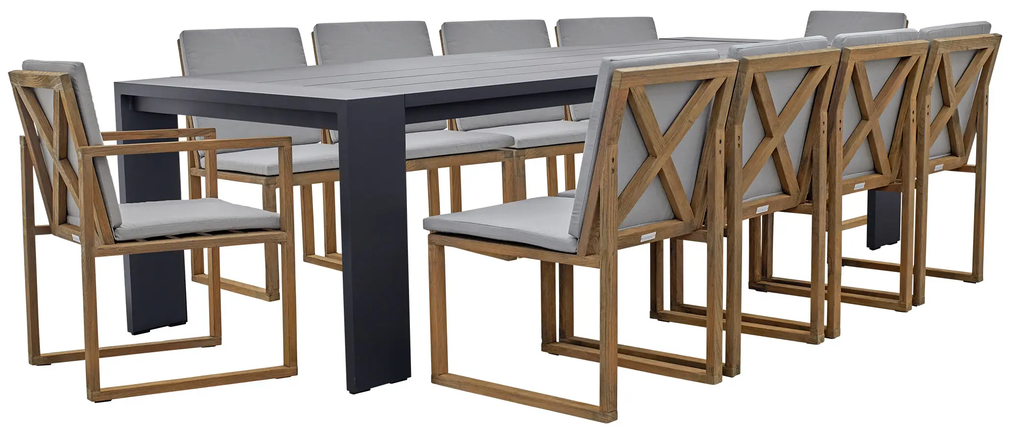 Linear Dark Gray 110" Aluminum Table & 4 Teak Cushioned Side Chairs Linear Dark Gray 110" Aluminum Table & 4 Teak Cushioned Side Chairs