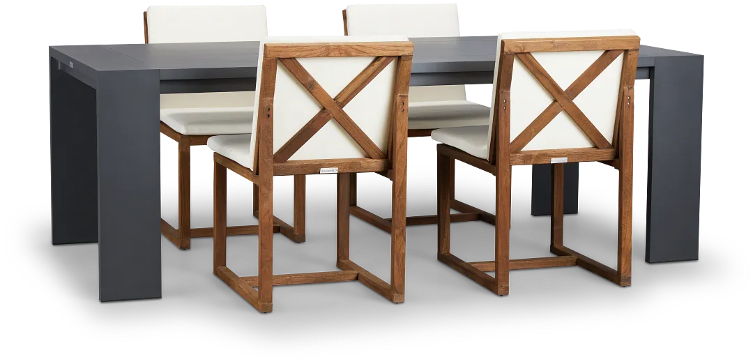 Linear Dark Gray White 87" Aluminum Table & 4 Teak Cushioned Side Chairs