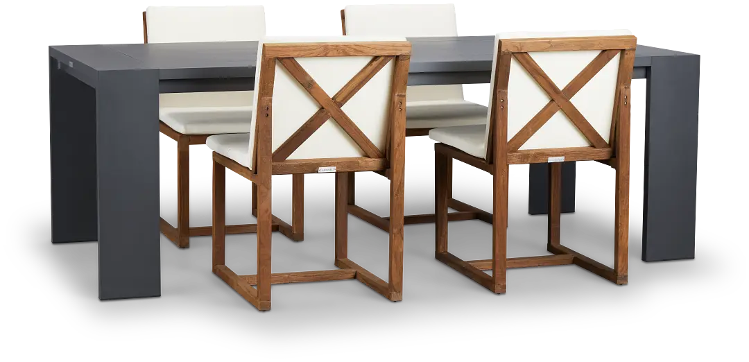 Linear Dark Gray White 87" Aluminum Table & 4 Teak Cushioned Side Chairs Linear Dark Gray White 87" Aluminum Table & 4 Teak Cushioned Side Chairs