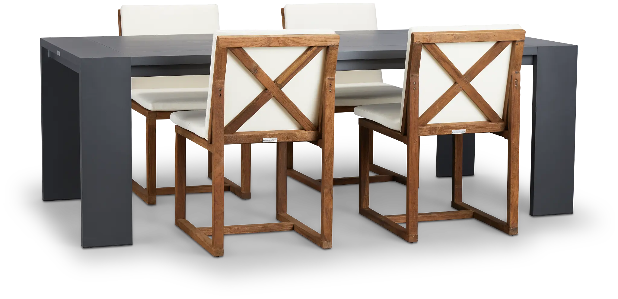 Linear Dark Gray White 87" Aluminum Table & 4 Teak Cushioned Side Chairs Linear Dark Gray White 87" Aluminum Table & 4 Teak Cushioned Side Chairs