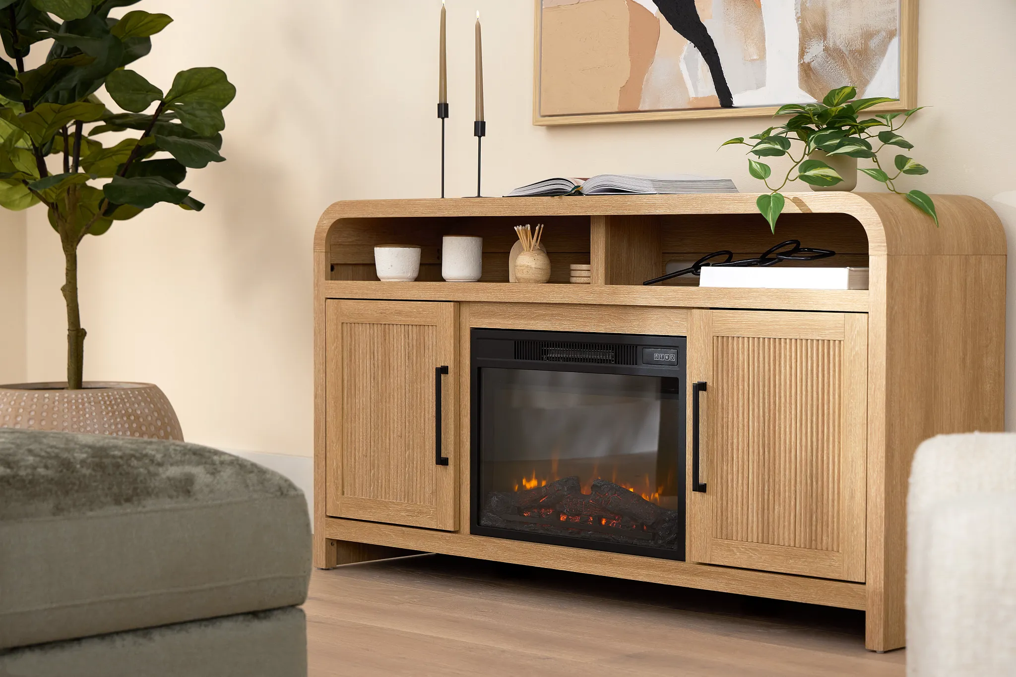 Lyndie Light Tone Tv Stand With Fireplace Insert