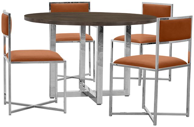 Amalfi Brown Wood Round Table & 4 Metal Chairs