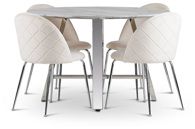 Capri Stainless Steel Ivory Round Table & 4 Upholstered Chairs