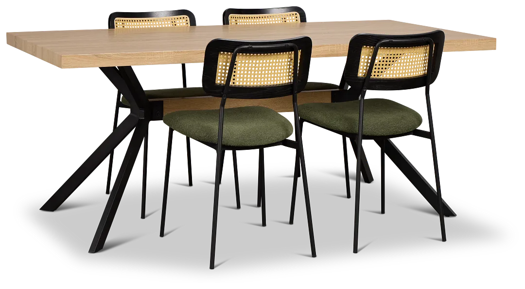 Lynden Light Tone Rect Table & 4 Green Woven Upholstered Side Chairs