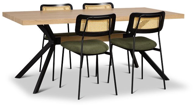 Lynden Light Tone Rect Table & 4 Green Woven Upholstered Side Chairs