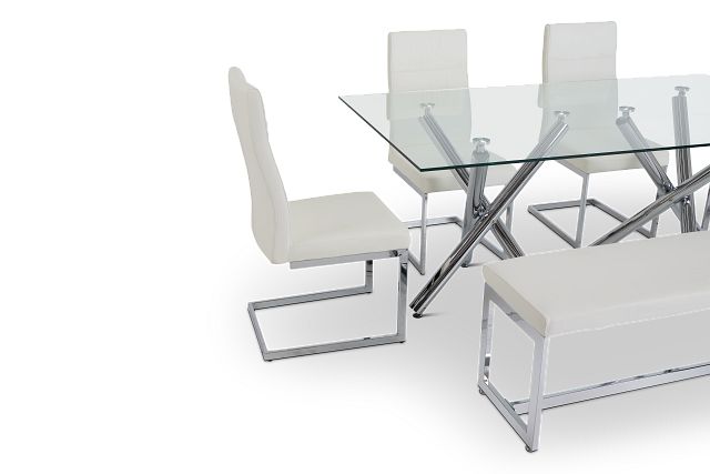 Quincy Glass White Table, 4 Chairs & Bench