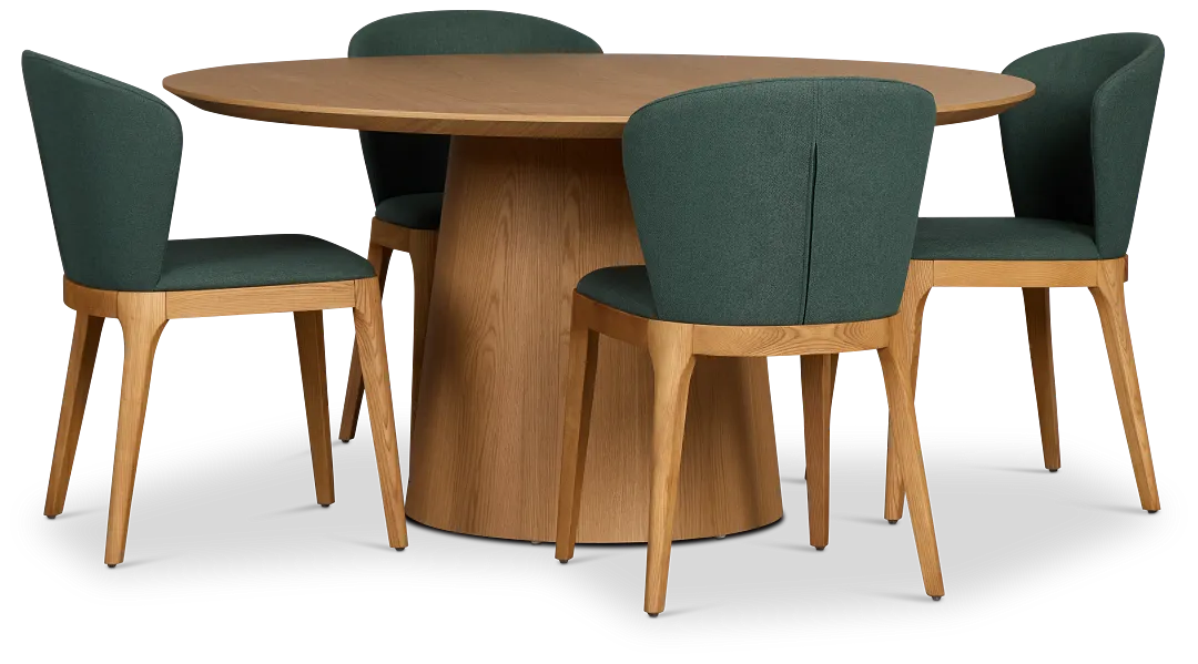 Nomad Light Tone 59" Round Table & 4 Dark Green Chairs W/light Tone Leg