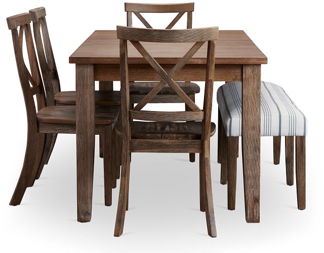 Woodstock Light Tone Wood Table, 4 Chairs & Bench (2)