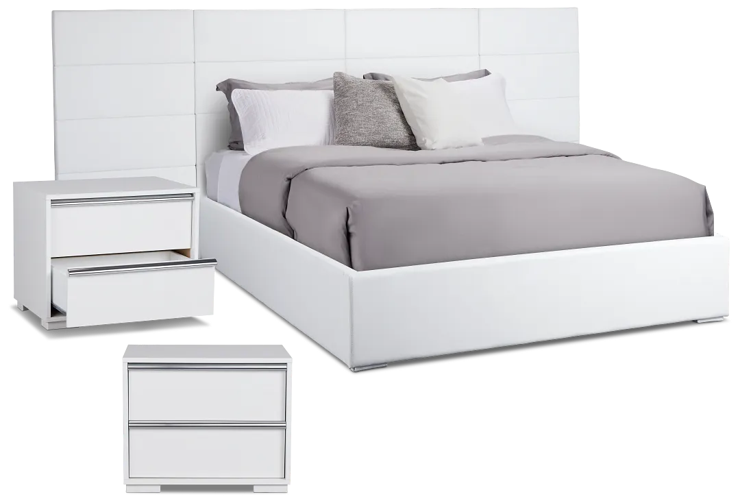 Doral White Uph Upholstered Spread Bed W/ 2 Nightstands