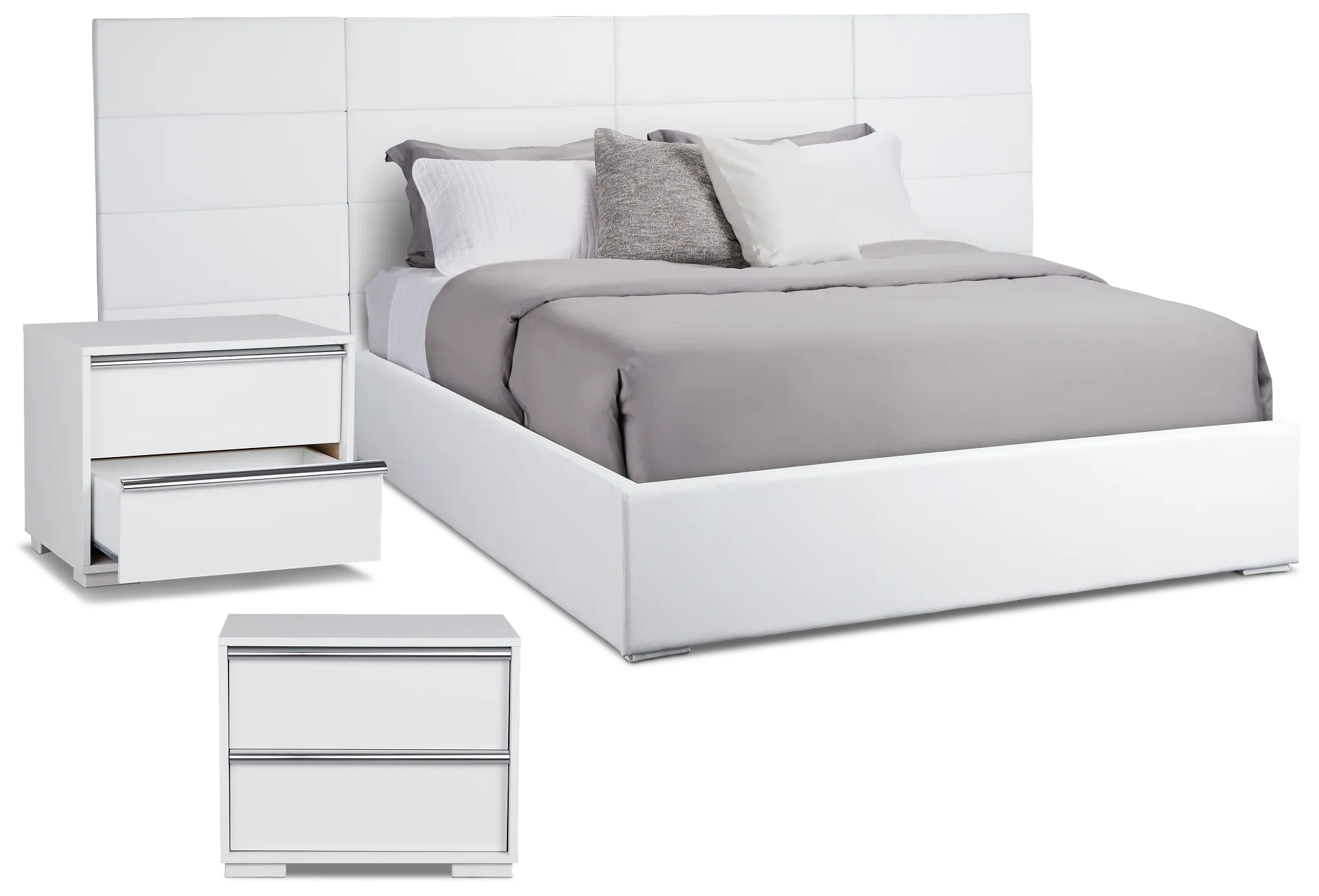 Doral White Uph Upholstered Spread Bed W/ 2 Nightstands