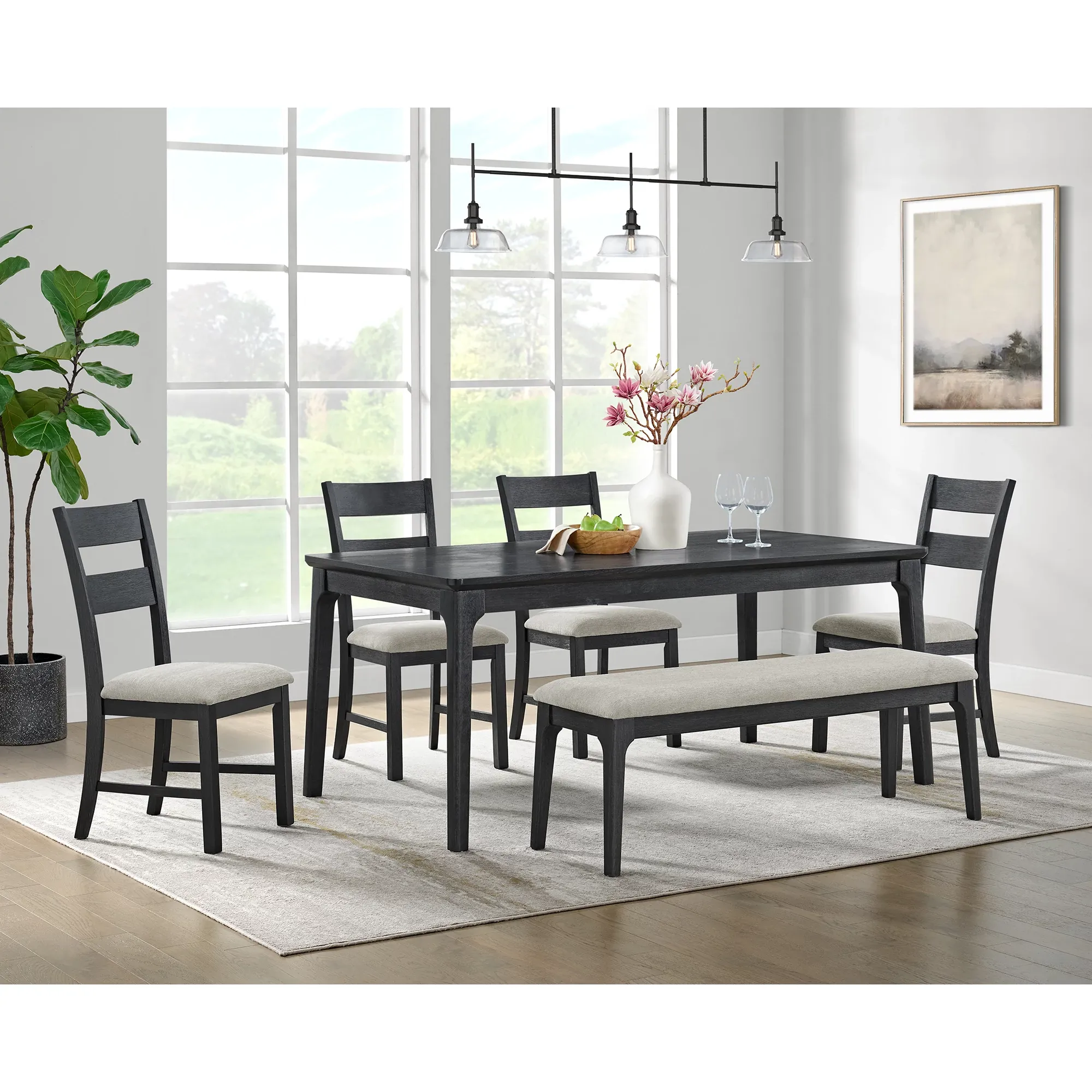 Kerensa Black Rect Table With 4 Upholstered Side Chairs & Bench
