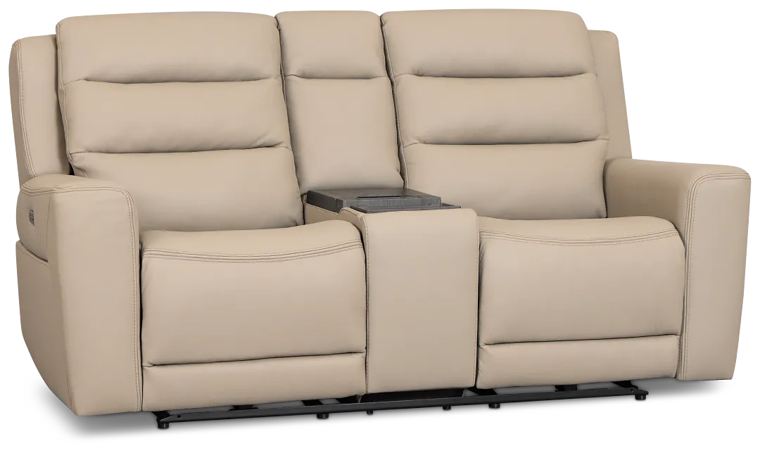 Wilder Taupe Leather Power Reclining Console Loveseat With Refrigerator