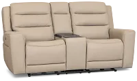 Wilder Taupe Leather Power Reclining Console Loveseat With Refrigerator