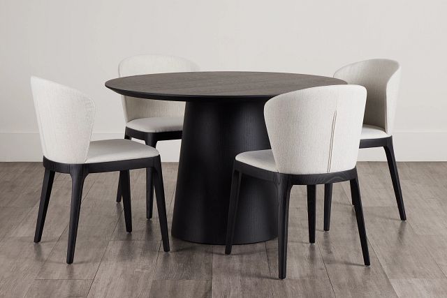 Nomad Black 47" Round Table & 4 Light Beige Chairs W/ Black Legs