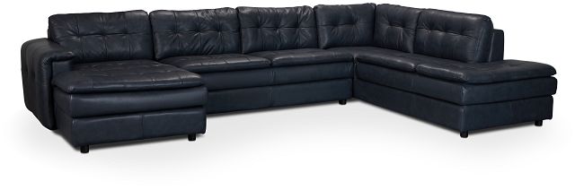 Rowan Navy Leather U-shaped Sectional W/ Right Bumper