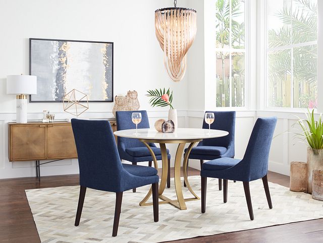 Gaby Dark Blue Round Table & 4 Upholstered Chairs