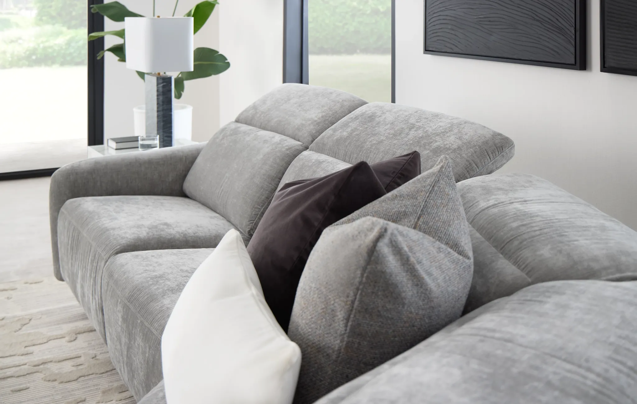 Zuri Gray Velvet Small Triple Power Reclining Two-arm Sectional