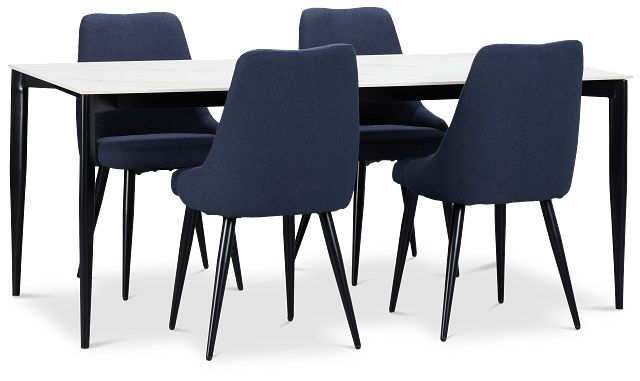 Andover White Rect Table & 4 Dark Blue Upholstered Curved Chairs