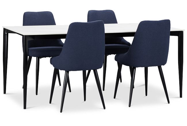 Andover White Rect Table & 4 Dark Blue Upholstered Curved Chairs